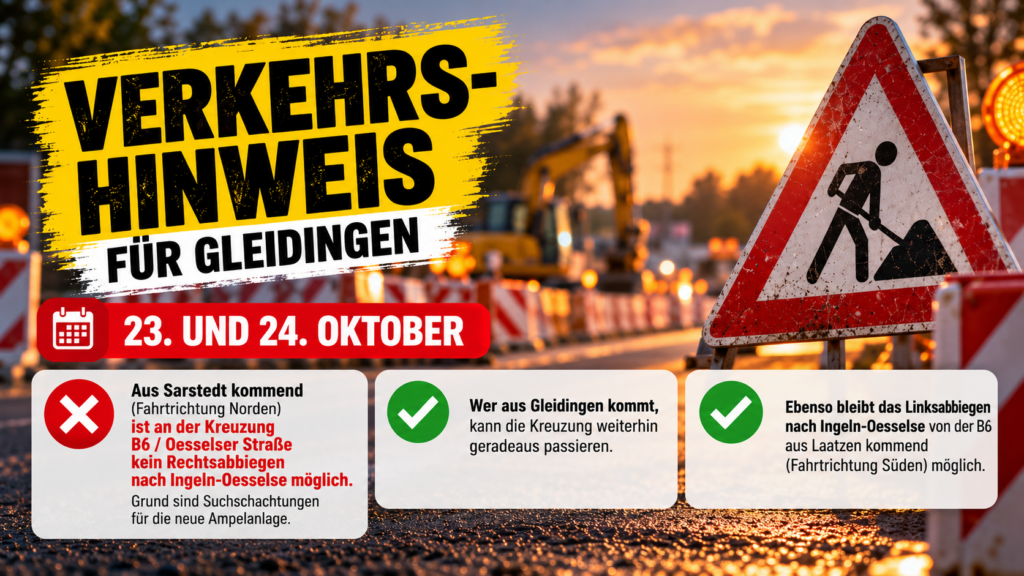 Verkehrshinweis: Einschränkungen an der Kreuzung B6 / Oesselser Straße